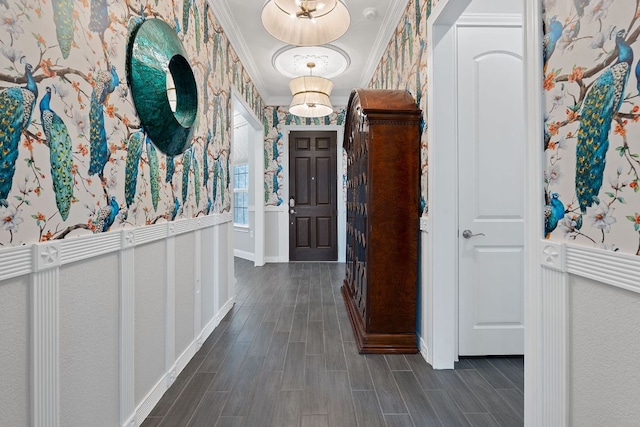306 Iron Rail Ln, Georgetown, TX 78633 - foyer featuring wallpapered walls, ornamental molding, and dark wood finished floors