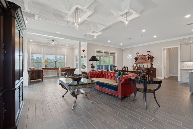 306 Iron Rail Ln, Georgetown, TX 78633 - living area featuring plenty of natural light, recessed lighting, crown molding, wood finished floors, and a ceiling fan