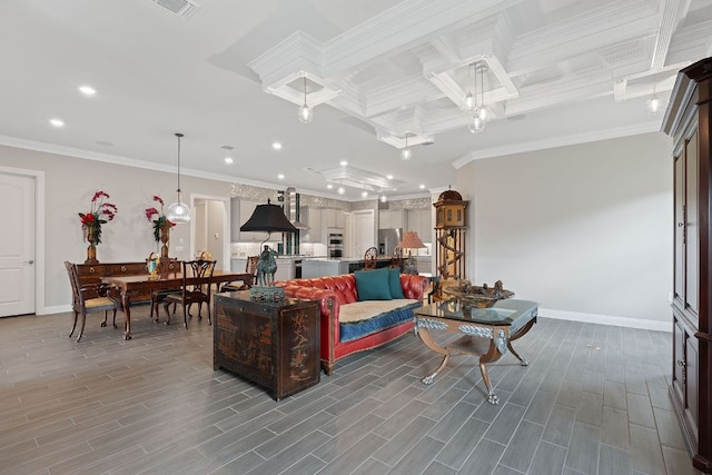 306 Iron Rail Ln, Georgetown, TX 78633 - living room with coffered ceiling, recessed lighting, wood finished floors, crown molding, and beam ceiling