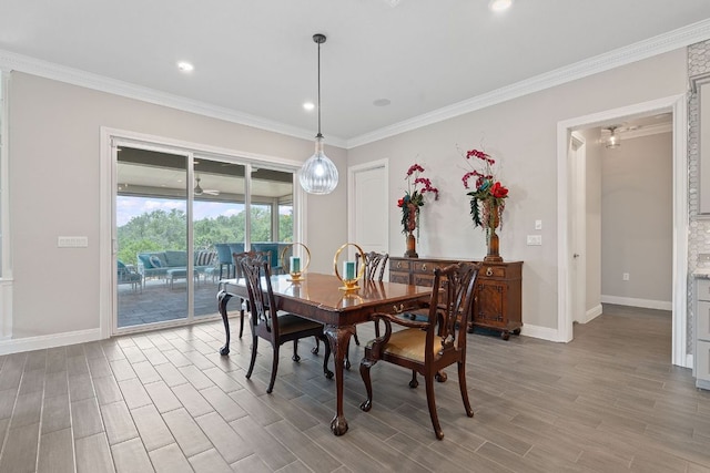 306 Iron Rail Ln, Georgetown, TX 78633 - dining area featuring ornamental molding, light wood-type flooring, and recessed lighting