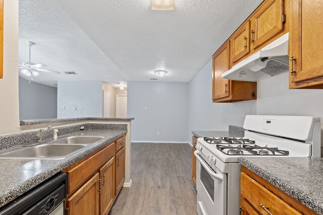 12323 Alderbrook Dr, Austin, TX 78758 - kitchen featuring white range with gas cooktop, under cabinet range hood, dishwashing machine, a textured ceiling, and light wood finished floors
