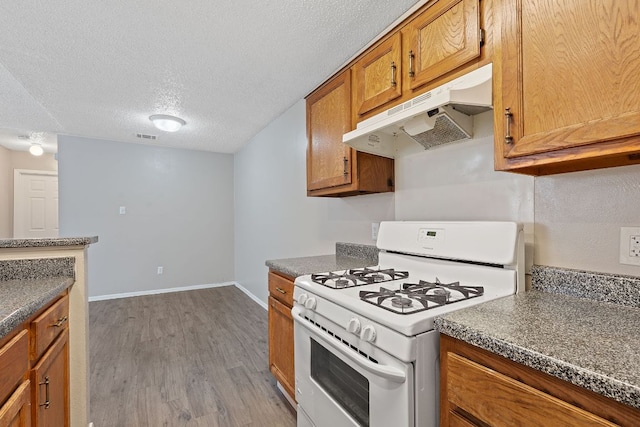 12323 Alderbrook Dr, Austin, TX 78758 - kitchen with gas range gas stove, under cabinet range hood, brown cabinets, a textured ceiling, and dark countertops