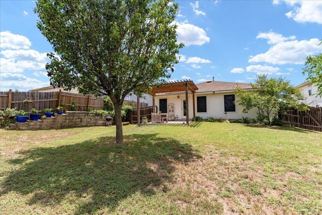 161 Buttercup Way, Kyle, TX 78640 - back of house featuring a pergola, a fenced backyard, a patio area, and stucco siding