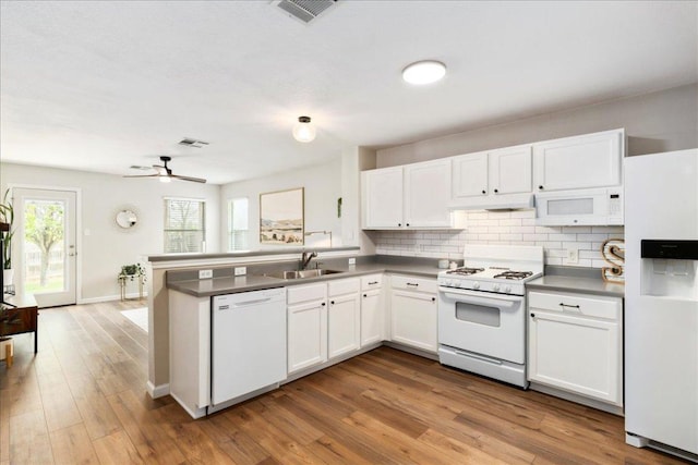 161 Buttercup Way, Kyle, TX 78640 - kitchen featuring white appliances, under cabinet range hood, white cabinets, a peninsula, and tasteful backsplash