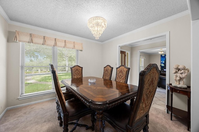 9202 Spring Hollow Dr, Austin, TX 78750 - dining room with a chandelier, light carpet, a textured ceiling, and crown molding