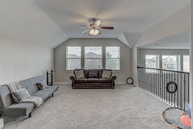 536 Middle Brook Dr, Leander, TX 78641 - carpeted living area with ceiling fan and lofted ceiling