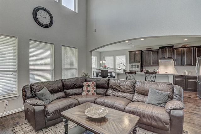 536 Middle Brook Dr, Leander, TX 78641 - living room with wood finished floors, a towering ceiling, arched walkways, and recessed lighting