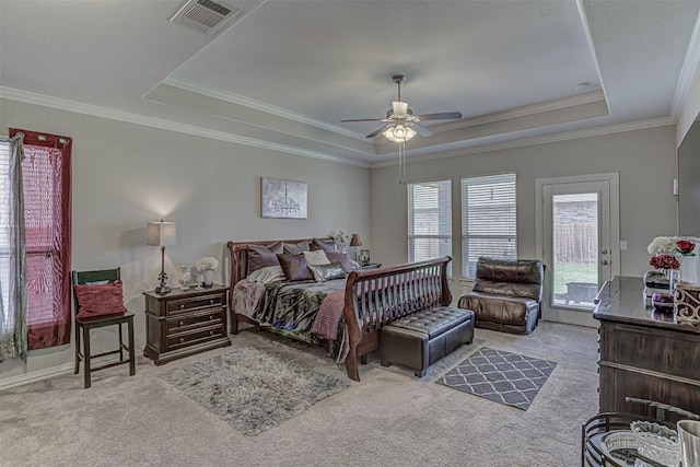 536 Middle Brook Dr, Leander, TX 78641 - bedroom with a raised ceiling, carpet, access to outside, ceiling fan, and ornamental molding