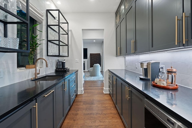 4716 Peralta Ln, Austin, TX 78735 - kitchen featuring decorative backsplash, dark wood-style floors, recessed lighting, and dark stone counters