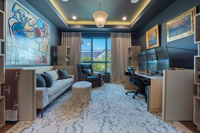4716 Peralta Ln, Austin, TX 78735 - carpeted office space featuring a tray ceiling