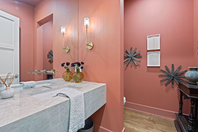 4716 Peralta Ln, Austin, TX 78735 - half bath with wood finished floors and vanity