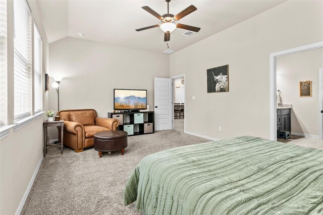 205 Goshen Dr, Dripping Springs, TX 78620 - bedroom featuring carpet, a ceiling fan, lofted ceiling, and ensuite bathroom