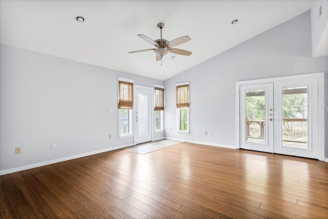 18000 Lafayette Park Rd, Jonestown, TX 78645 - unfurnished room with a ceiling fan, hardwood / wood-style floors, french doors, and high vaulted ceiling