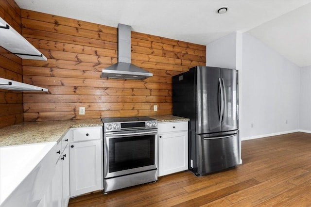18000 Lafayette Park Rd, Jonestown, TX 78645 - kitchen featuring ventilation hood, stainless steel appliances, wood finished floors, white cabinets, and light stone countertops