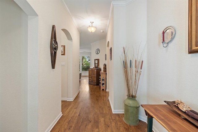 236 Pony Express Dr, Smithville, TX 78957 - corridor featuring crown molding, wood finished floors, and arched walkways