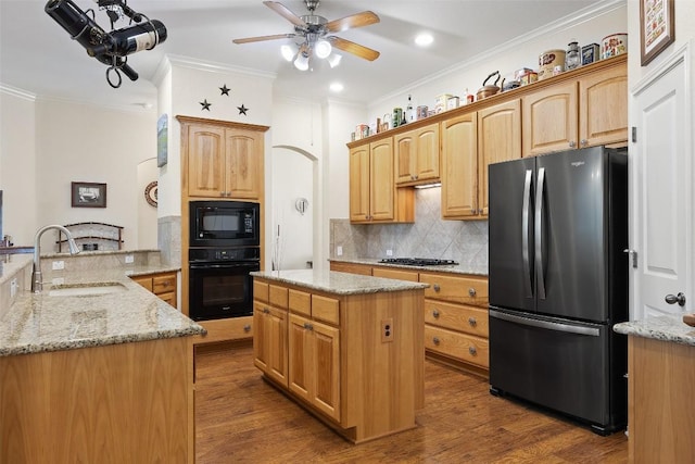 236 Pony Express Dr, Smithville, TX 78957 - kitchen featuring black appliances, decorative backsplash, ceiling fan, light stone countertops, and wood finished floors