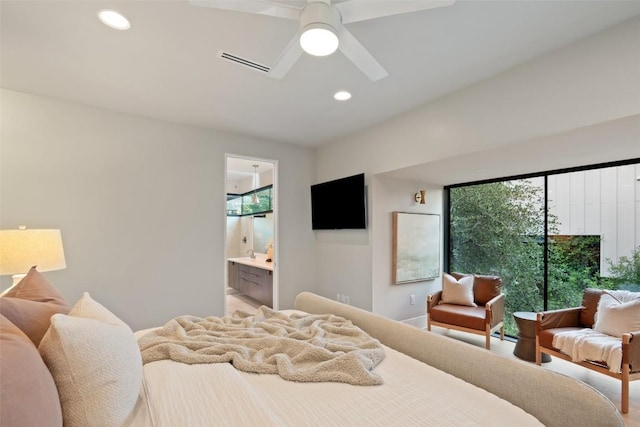 1327 Bonham Ter Unit B, Austin, TX 78704 - bedroom featuring recessed lighting, ensuite bath, and ceiling fan