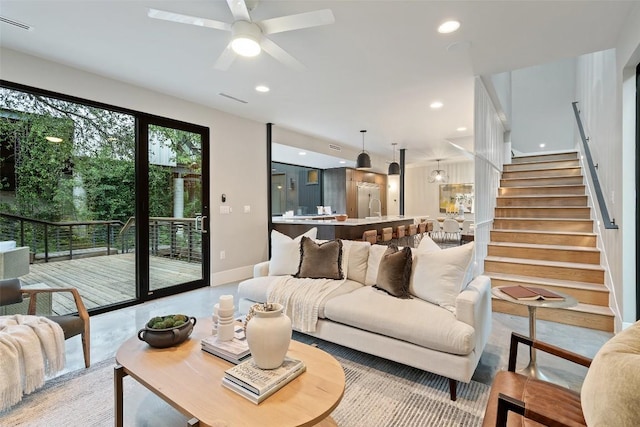 1327 Bonham Ter Unit B, Austin, TX 78704 - living area featuring stairs, a ceiling fan, and recessed lighting