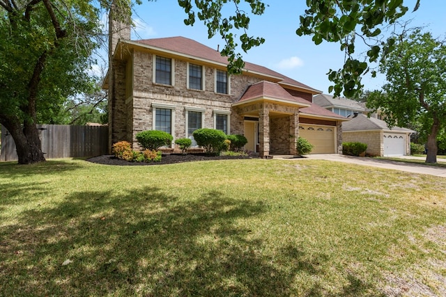 5910 Abilene Trl, Austin, TX 78749 - view of front of house featuring a chimney, concrete driveway, an attached garage, and brick siding