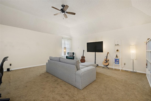 5910 Abilene Trl, Austin, TX 78749 - carpeted living area with a ceiling fan, vaulted ceiling, and a textured ceiling
