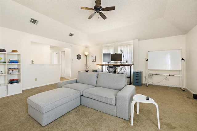 5910 Abilene Trl, Austin, TX 78749 - carpeted living area with a ceiling fan and a textured ceiling