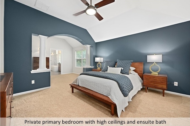 8300 Fern Bluff Ave, Round Rock, TX 78681 - bedroom with ornate columns, carpet, lofted ceiling, arched walkways, and ceiling fan