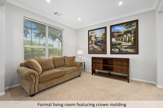8300 Fern Bluff Ave, Round Rock, TX 78681 - carpeted living area featuring ornamental molding and recessed lighting