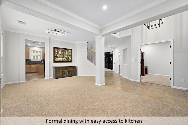 8300 Fern Bluff Ave, Round Rock, TX 78681 - unfurnished living room featuring light carpet, light tile patterned floors, crown molding, recessed lighting, and stairs