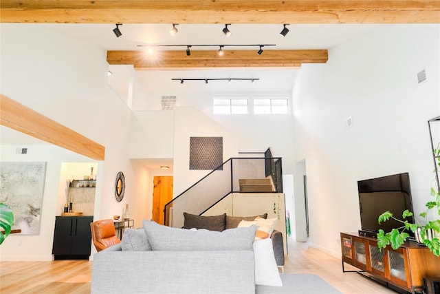4407 Ganymede Dr, Austin, TX 78727 - living area featuring a towering ceiling, light wood-style flooring, and rail lighting