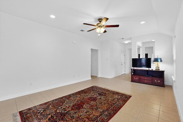 7619 Europa Ave, Round Rock, TX 78665 - unfurnished living room with ceiling fan, light tile patterned flooring, and recessed lighting
