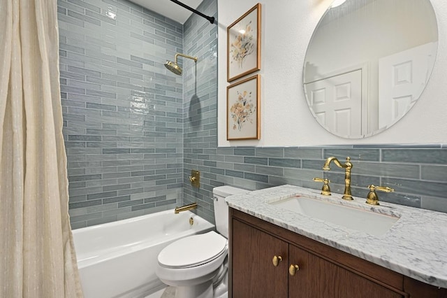 8902 Rustic Cv, Austin, TX 78717 - bathroom featuring shower / bath combination with curtain, vanity, and tile walls