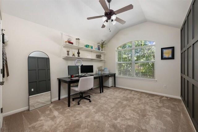 2500 Melekhin Bnd, Cedar Park, TX 78613 - home office featuring light carpet, ceiling fan, and lofted ceiling
