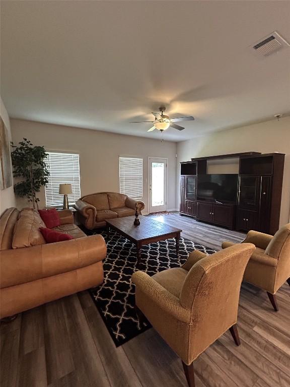 11503 Copperstone Ave Unit 89, Austin, TX 78748 - living room featuring wood finished floors and ceiling fan