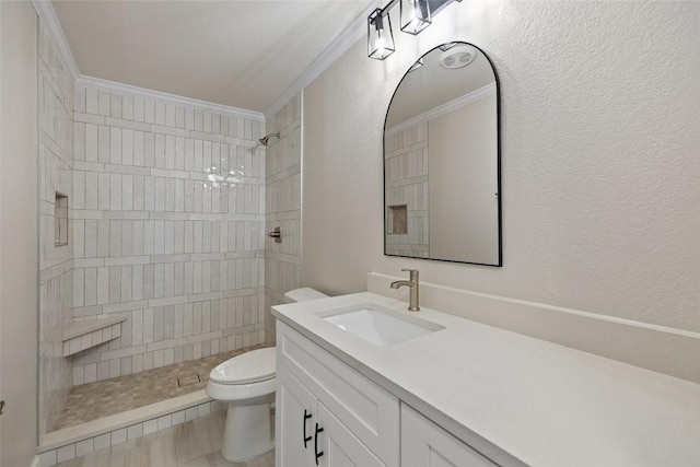 1113 Lott Ave, Austin, TX 78721 - bathroom featuring ornamental molding, tiled shower, vanity, and a textured wall