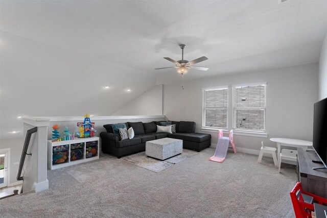 3101 Maysilee St, Austin, TX 78728 - carpeted living area with ceiling fan, plenty of natural light, and lofted ceiling