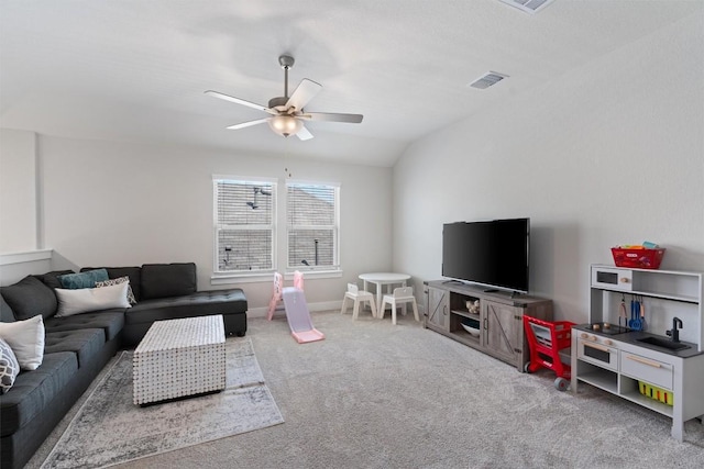 3101 Maysilee St, Austin, TX 78728 - carpeted living room with a ceiling fan and lofted ceiling