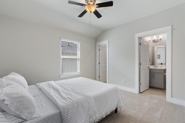 3101 Maysilee St, Austin, TX 78728 - bedroom featuring light carpet, lofted ceiling, ensuite bath, and a ceiling fan