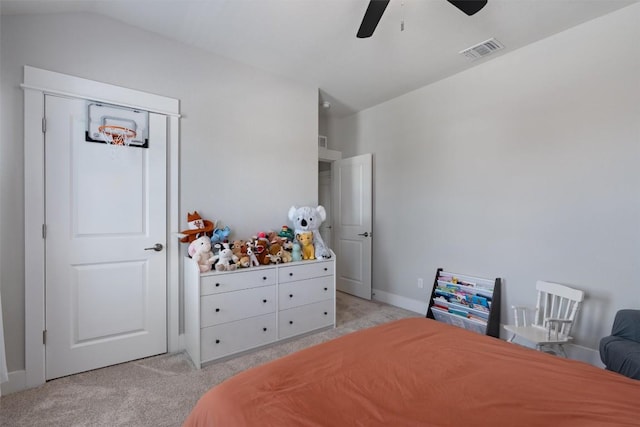 3101 Maysilee St, Austin, TX 78728 - bedroom with light carpet, ceiling fan, and vaulted ceiling
