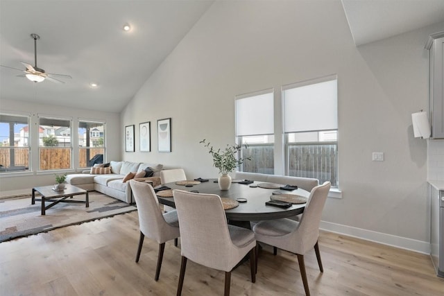 3101 Maysilee St, Austin, TX 78728 - dining area featuring high vaulted ceiling, a ceiling fan, light wood-style flooring, and recessed lighting