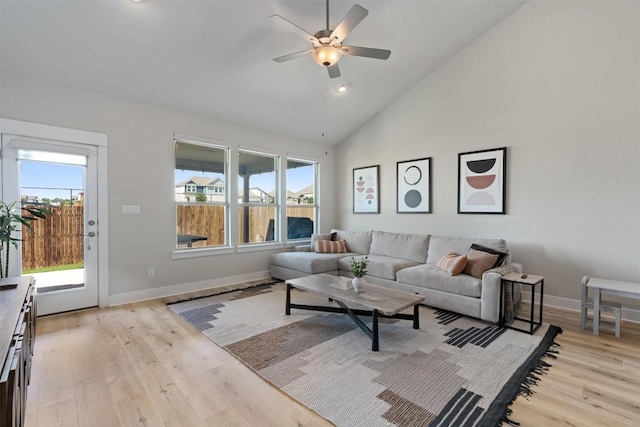3101 Maysilee St, Austin, TX 78728 - living area featuring light wood finished floors, ceiling fan, high vaulted ceiling, and recessed lighting