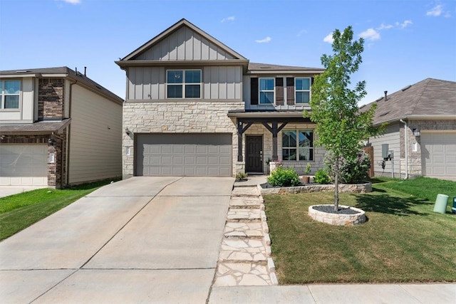 3101 Maysilee St, Austin, TX 78728 - craftsman-style home featuring board and batten siding, stone siding, a garage, driveway, and a front yard