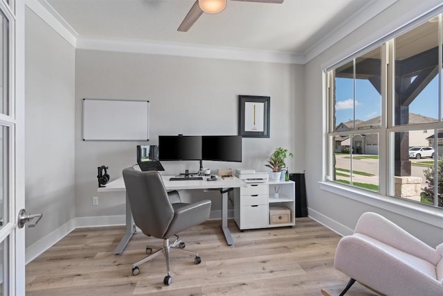 3101 Maysilee St, Austin, TX 78728 - office with crown molding, plenty of natural light, ceiling fan, and light wood-style flooring