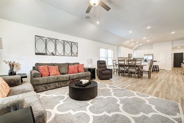 112 Silver Ridge Dr, Georgetown, TX 78633 - living area featuring ceiling fan, light wood-style flooring, vaulted ceiling, and recessed lighting