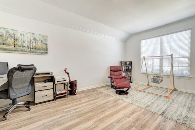 112 Silver Ridge Dr, Georgetown, TX 78633 - office area featuring wood finished floors, vaulted ceiling, and ornamental molding
