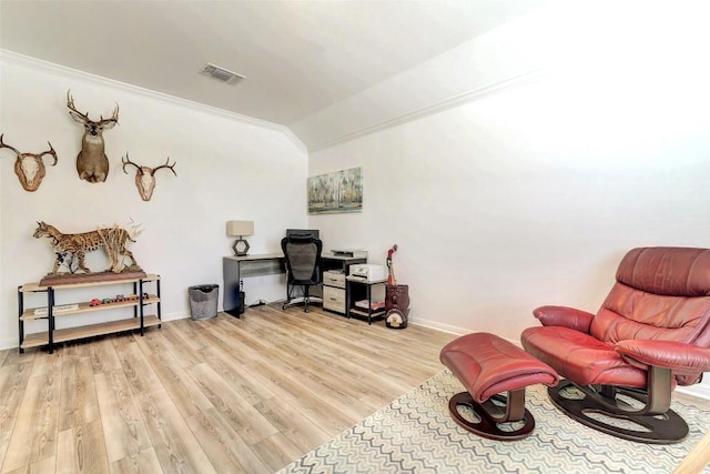 112 Silver Ridge Dr, Georgetown, TX 78633 - office featuring crown molding, vaulted ceiling, and wood finished floors