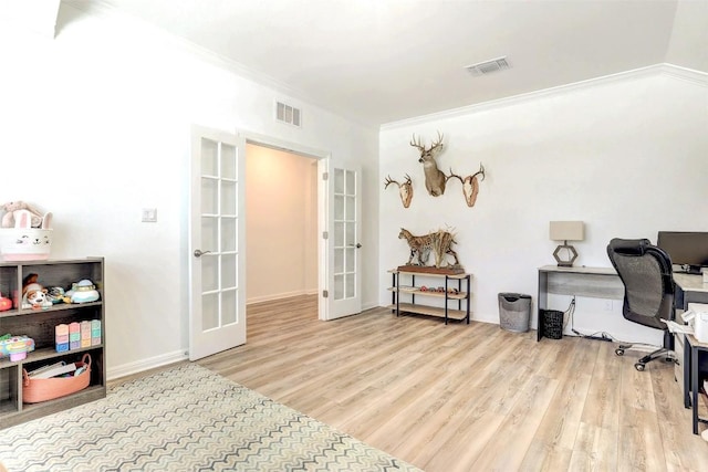 112 Silver Ridge Dr, Georgetown, TX 78633 - office featuring french doors, wood finished floors, and ornamental molding