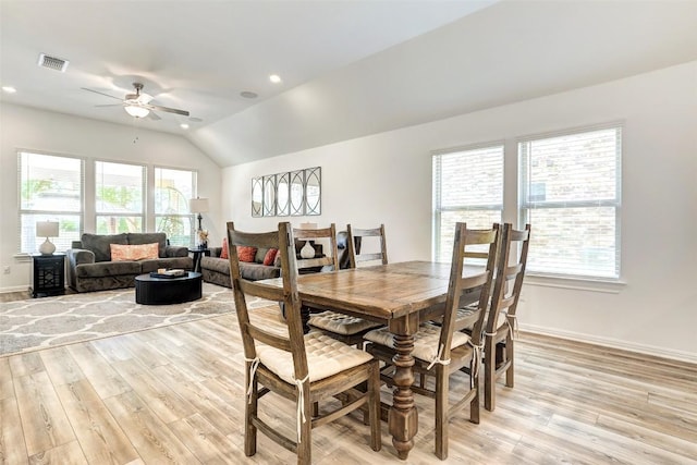 112 Silver Ridge Dr, Georgetown, TX 78633 - dining area with light wood-style floors, plenty of natural light, ceiling fan, lofted ceiling, and recessed lighting