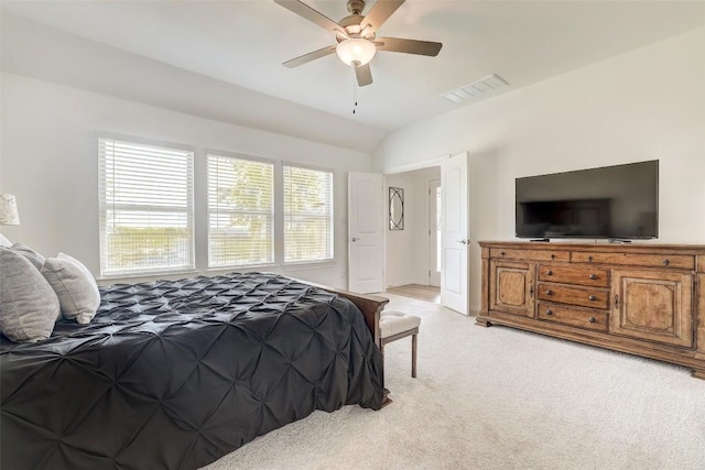 112 Silver Ridge Dr, Georgetown, TX 78633 - bedroom with light carpet, vaulted ceiling, and ceiling fan