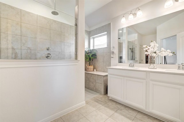 112 Silver Ridge Dr, Georgetown, TX 78633 - full bathroom with walk in shower, tile patterned flooring, and double vanity