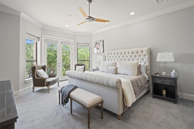 22126 Briarcliff Dr, Spicewood, TX 78669 - bedroom featuring access to exterior, light carpet, multiple windows, crown molding, and recessed lighting